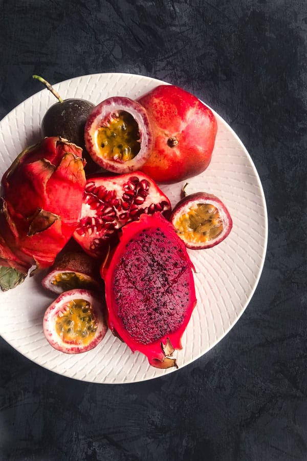 Red Dragon fruit, passionfruit and pomegranate