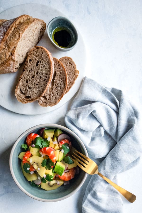 Prawn and Avocado Salad with Golden Kiwi served with bread