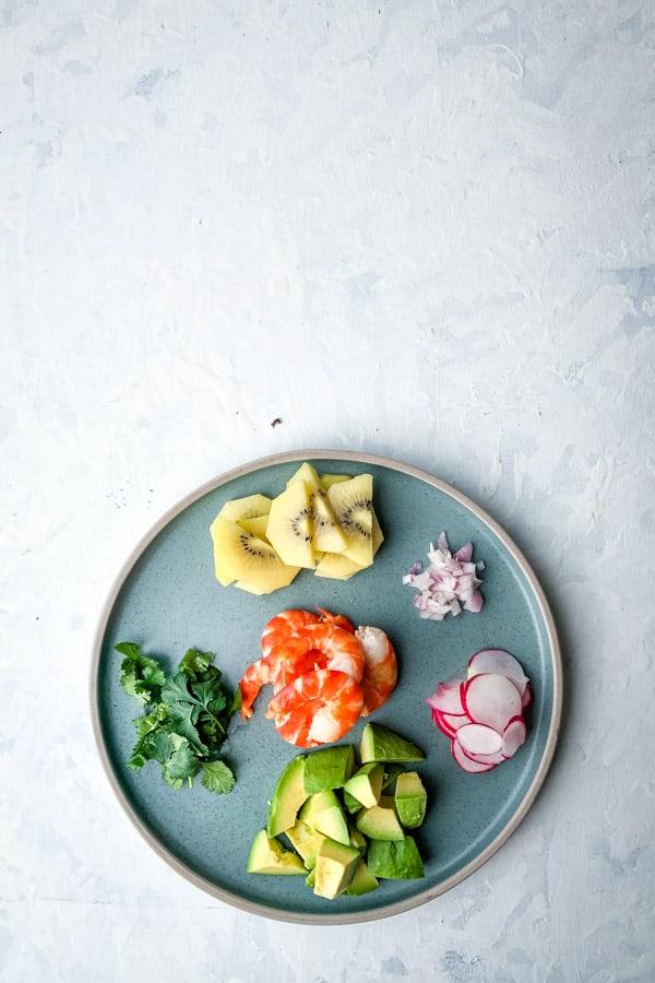 Gold Kiwi Shallots Radish Avocado Prawn Blue Plate