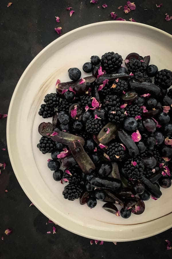 Black Fruit Salad with Tea Rose Syrup