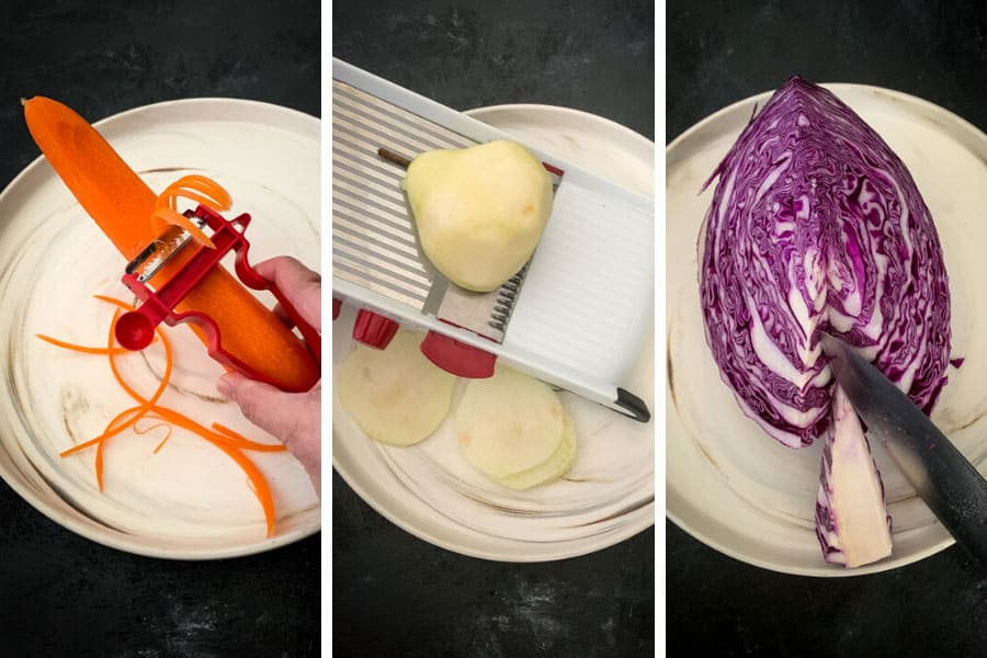 How to shred caroots, slice pears with a mandolin and cut the core of a cabbage