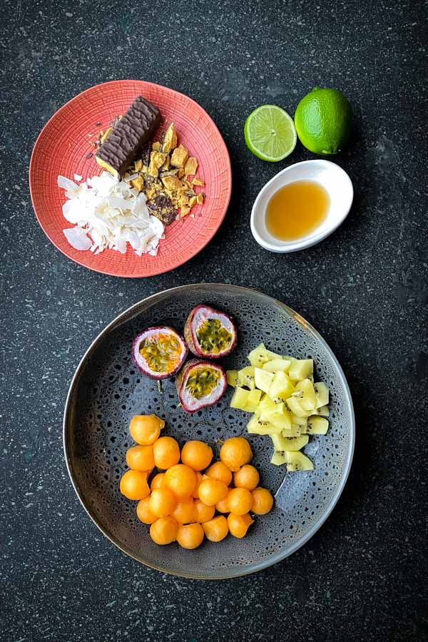 Rockmelon and Passionfruit Salad with Chocolate Honeycomb