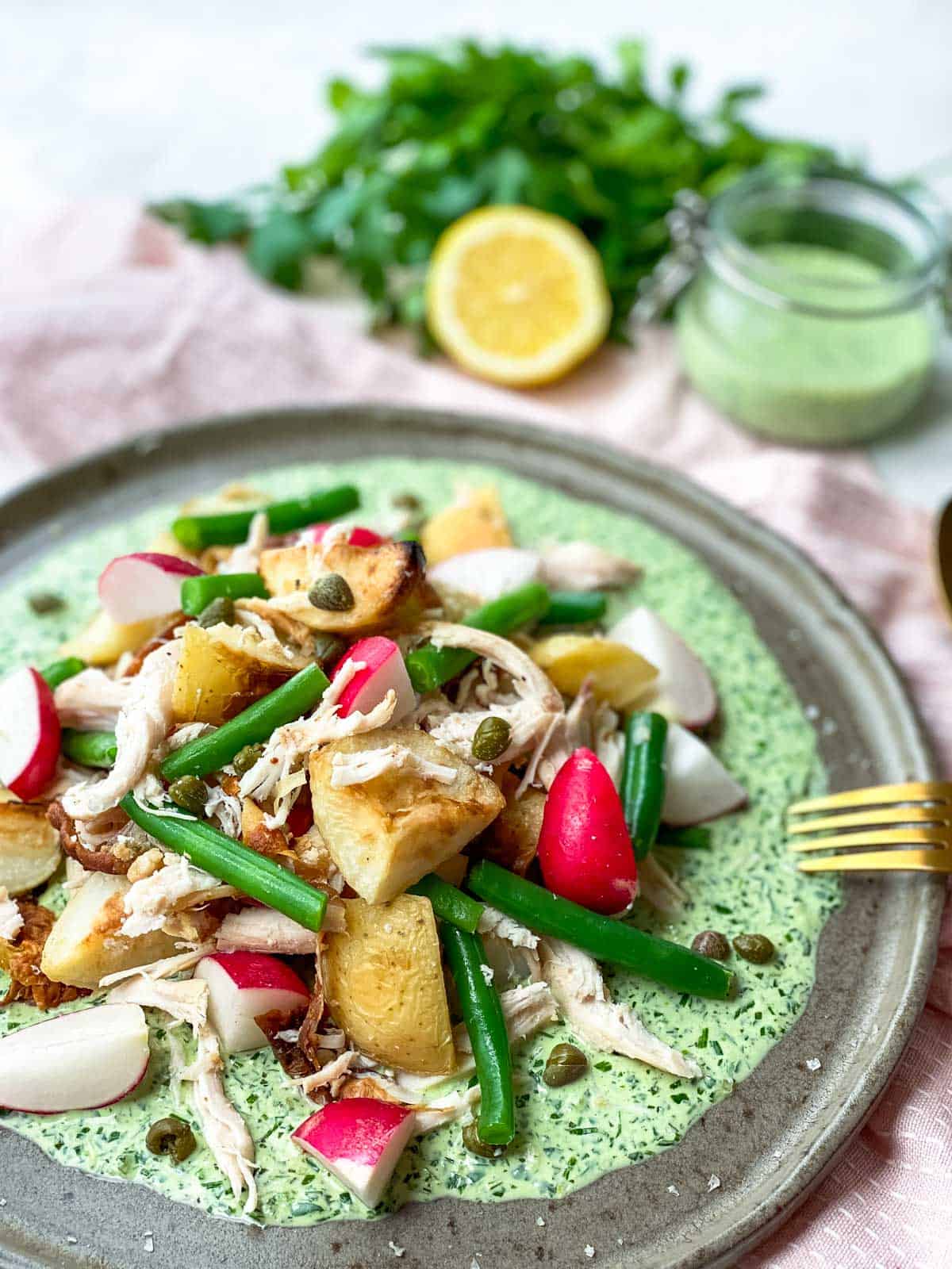 Leftover Roast Chicken Potato Salad served with healthy Green Goddess dressing