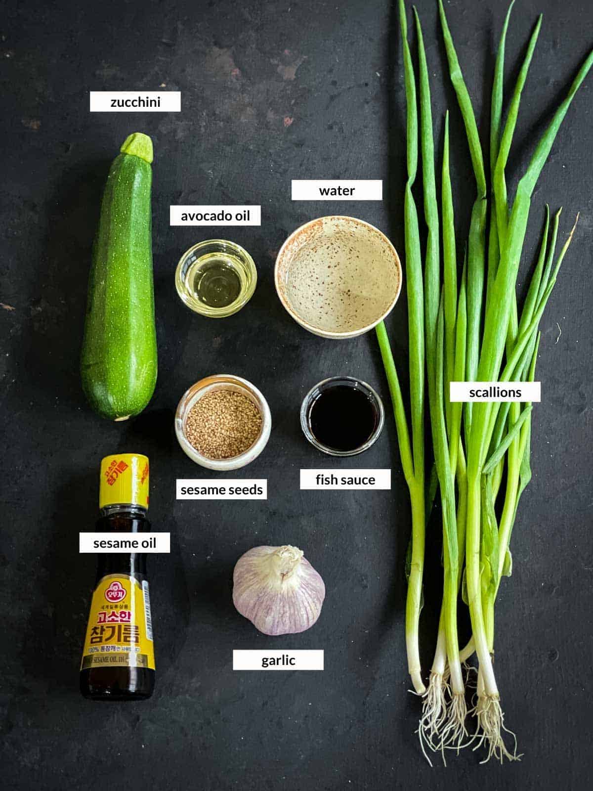 Individually labelled ingredients for Korean Zucchini Side Dish - Hobak Bokkeum