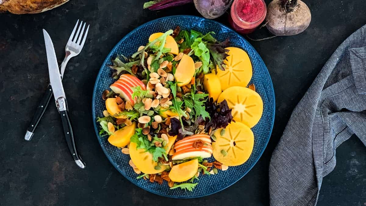 Salad with Persimmons and Beetroot Dressing
