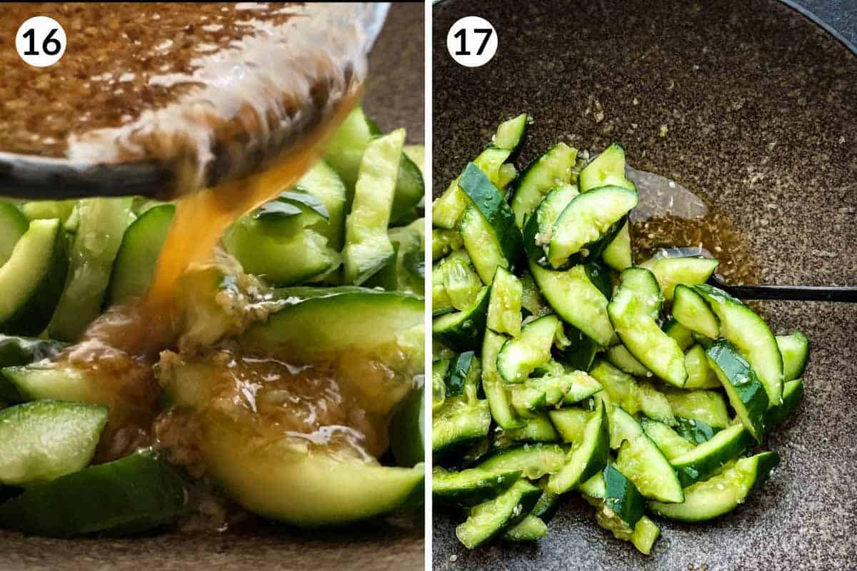 Collage of 2 photos of how to mix Asian dressing with smashed cucumbers