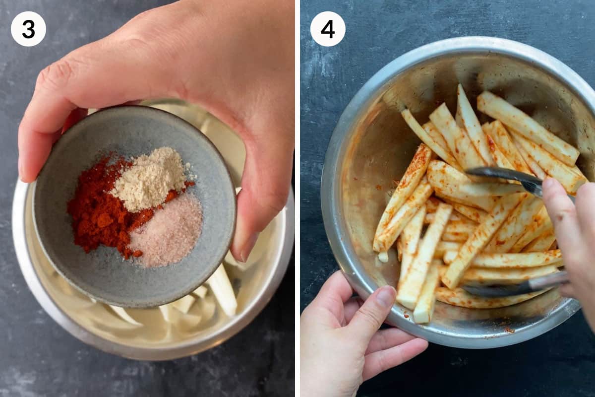 Collage of 2 photos for how to season air fryer parsnips