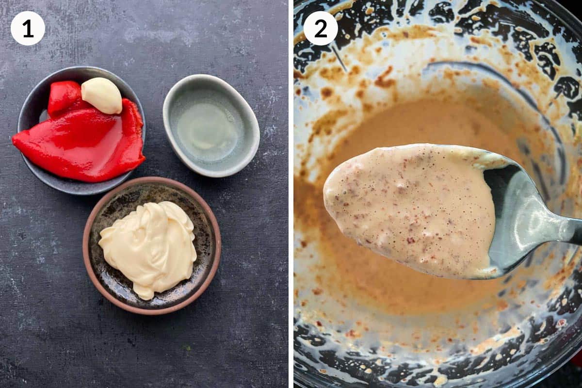 Collage of 2 photos for how to make red pepper mayo sauce