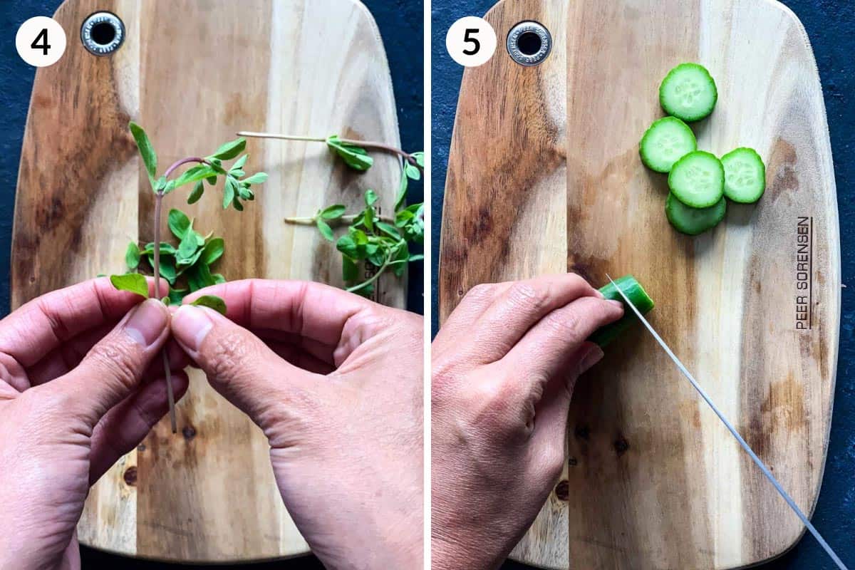 Collage of 2 photos for how to pick marjoram leaves and slice baby cucumbers