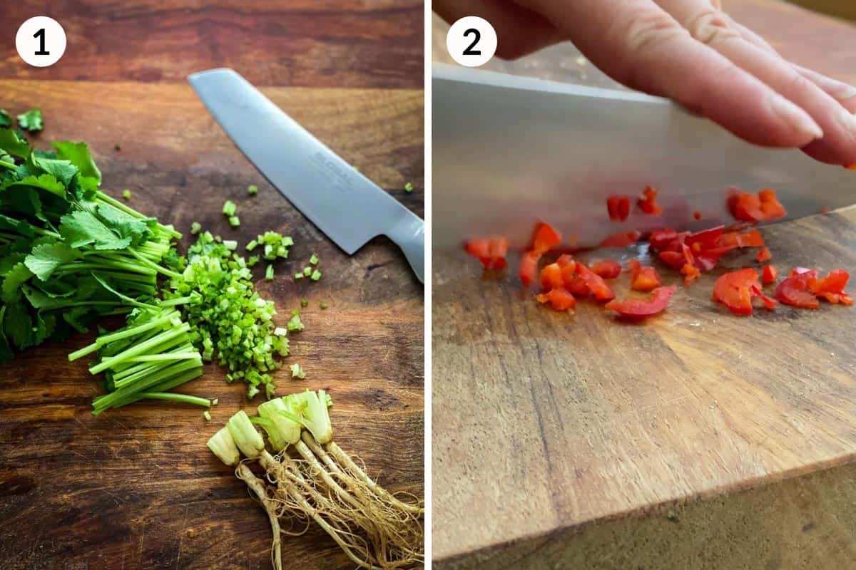 Collage of 2 photos for how to thinly dice coriander and chilli