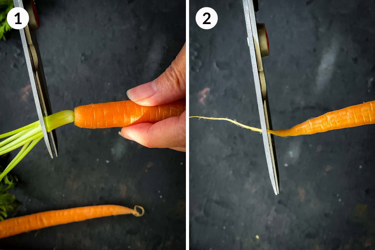 Collage of 2 photos for how to trim off the top and bottom of Dutch carrots