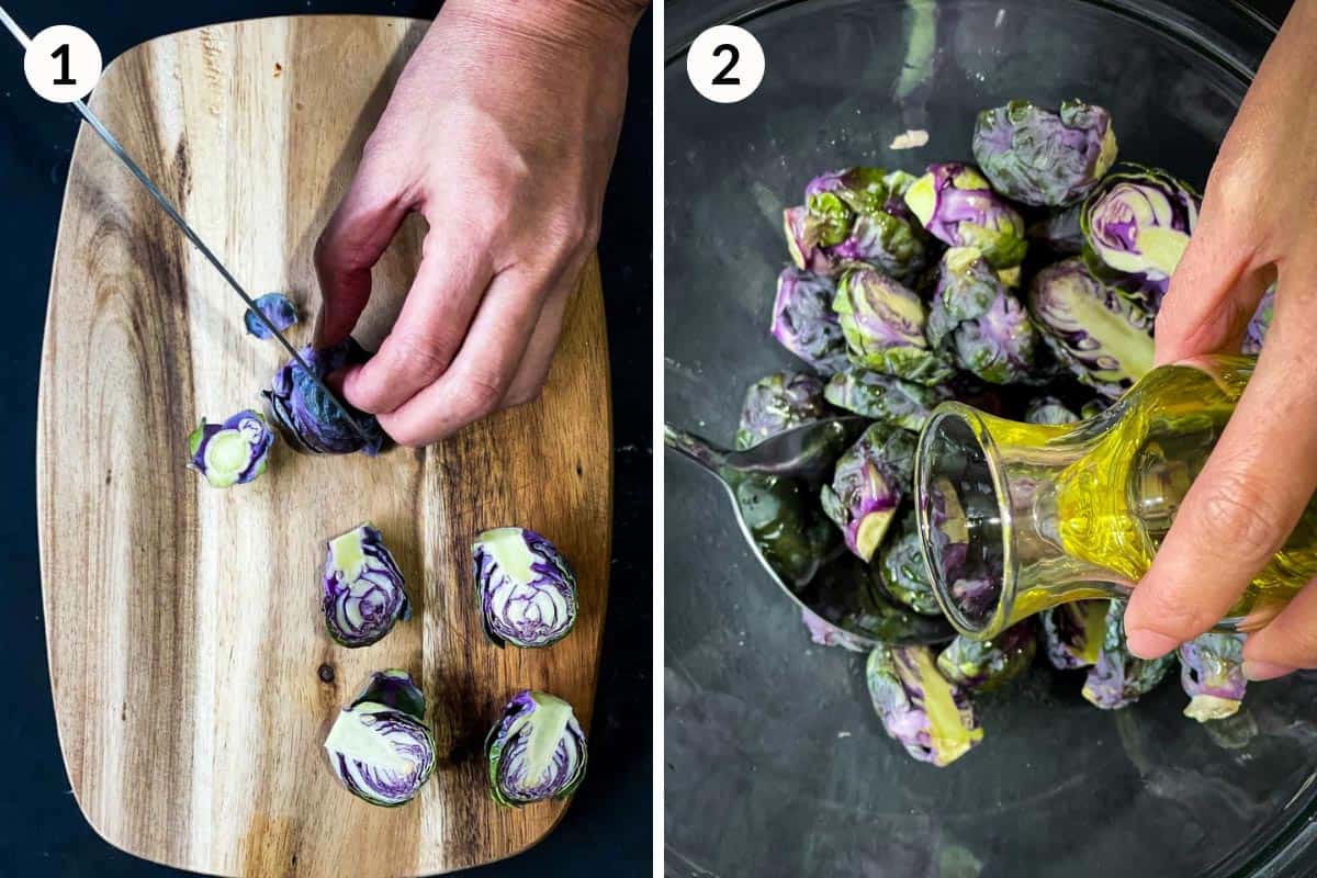 Collage of 2 photos for how to prepare red Brussels sprouts for roasting