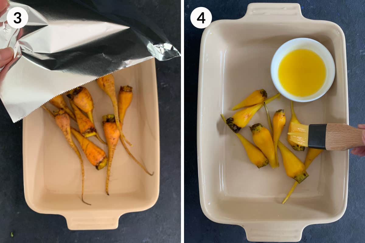 Collage of 2 photos for how to roast golden beetroot