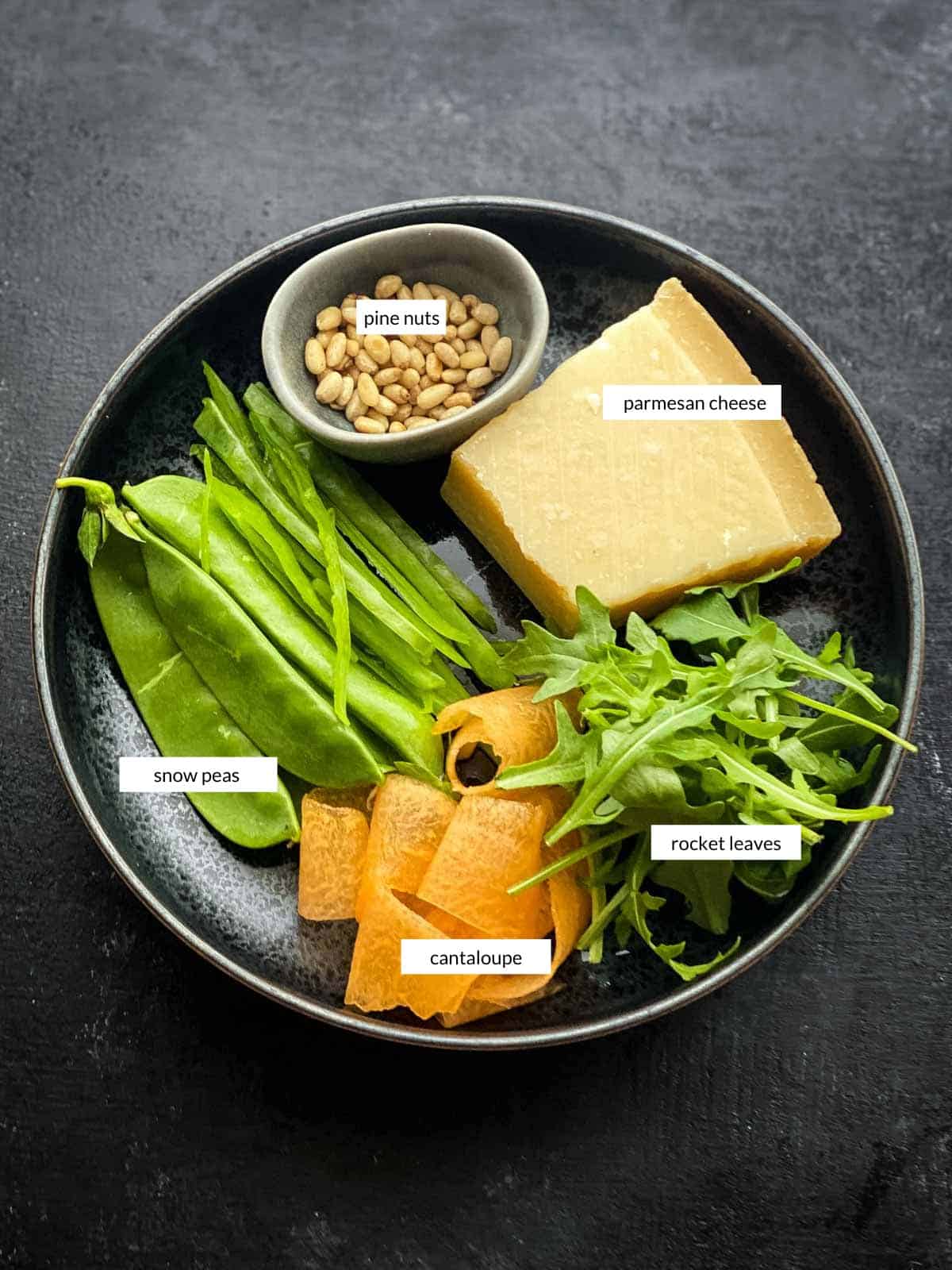 Individually labelled ingredients for Cantaloupe Salad