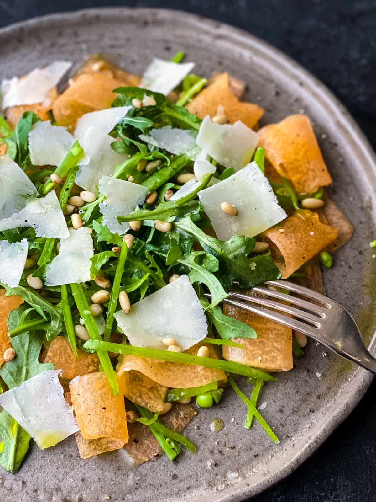 Cantaloupe Salad in a grey plate