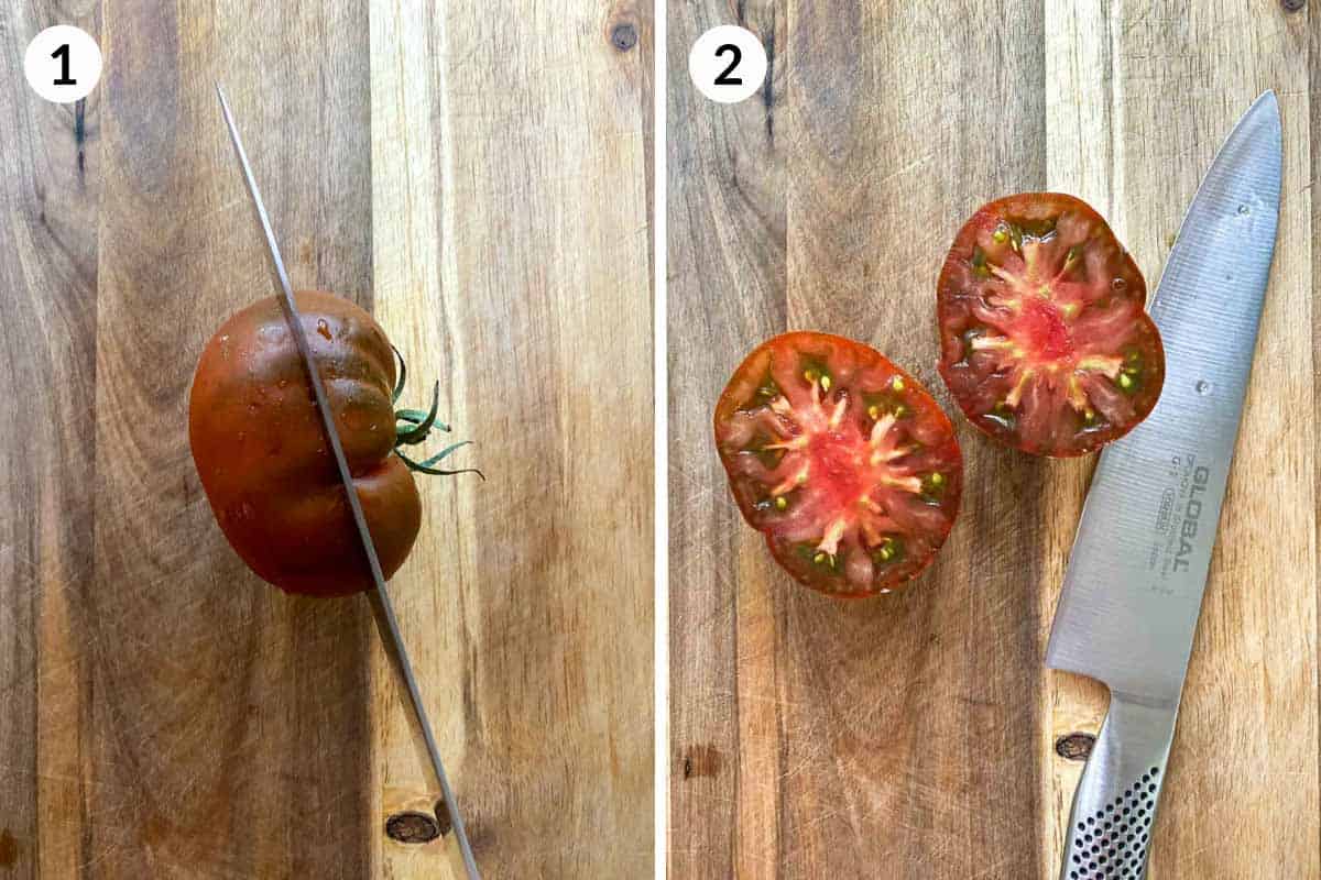 Collage of 2 photos for how to cut heirloom tomatoes