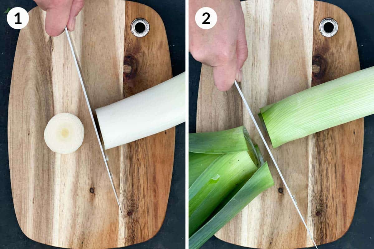 Collage of 2 photos for how to prepare leeks