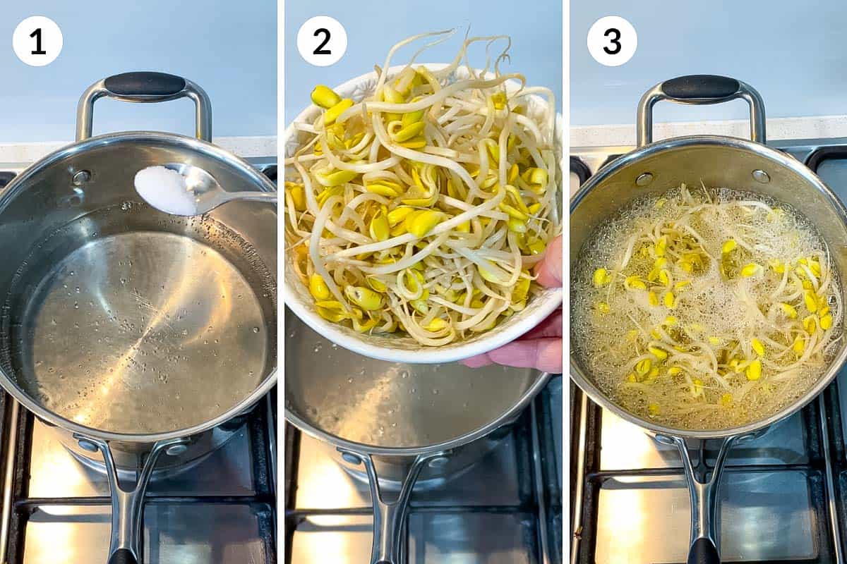 Collage of 3 photos for how to make Korean Soybean Sprout Side Dish