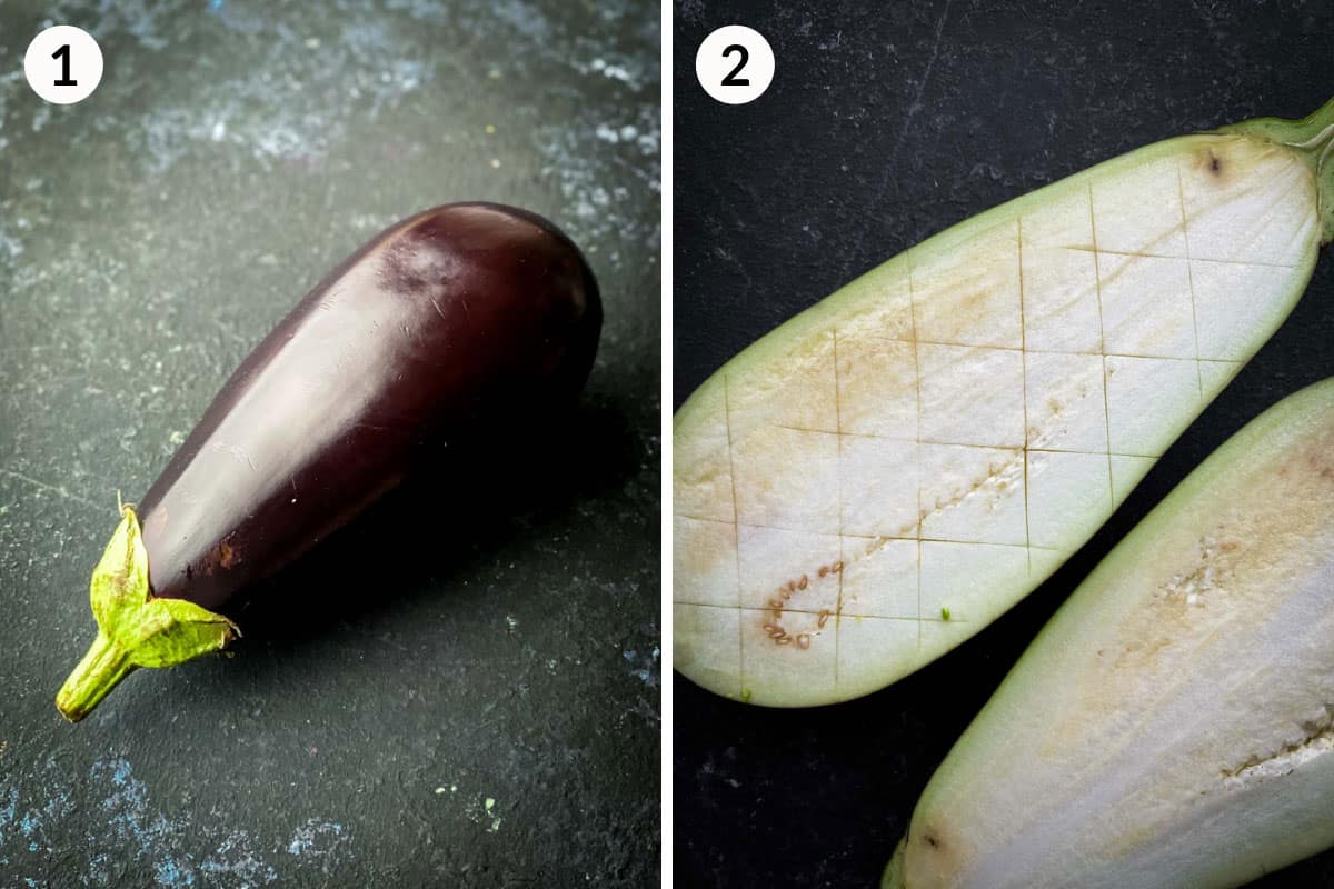 Collage of 2 photos for how to make Roasted Asian Eggplant