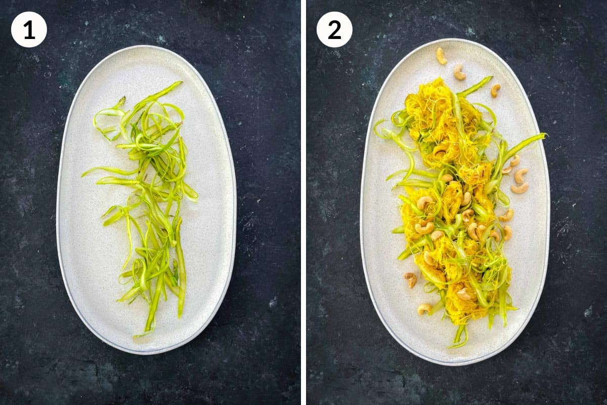 Collage of 2 photos for how to assemble Spaghetti Squash Salad with Asparagus