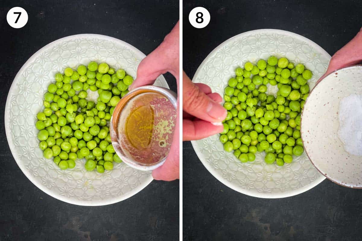 Collage of 2 photos for how to roast fresh peas