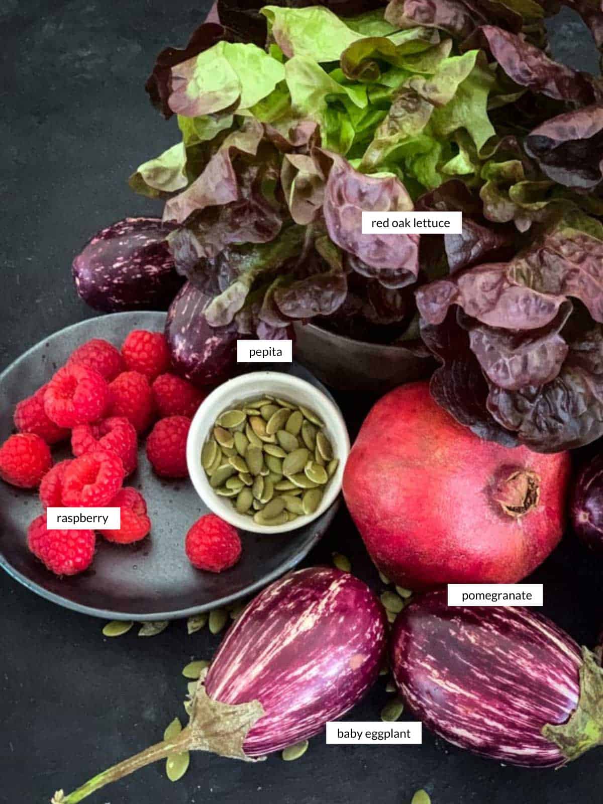 Individually labelled Ingredients for Tamarind Roasted Baby Eggplant Salad