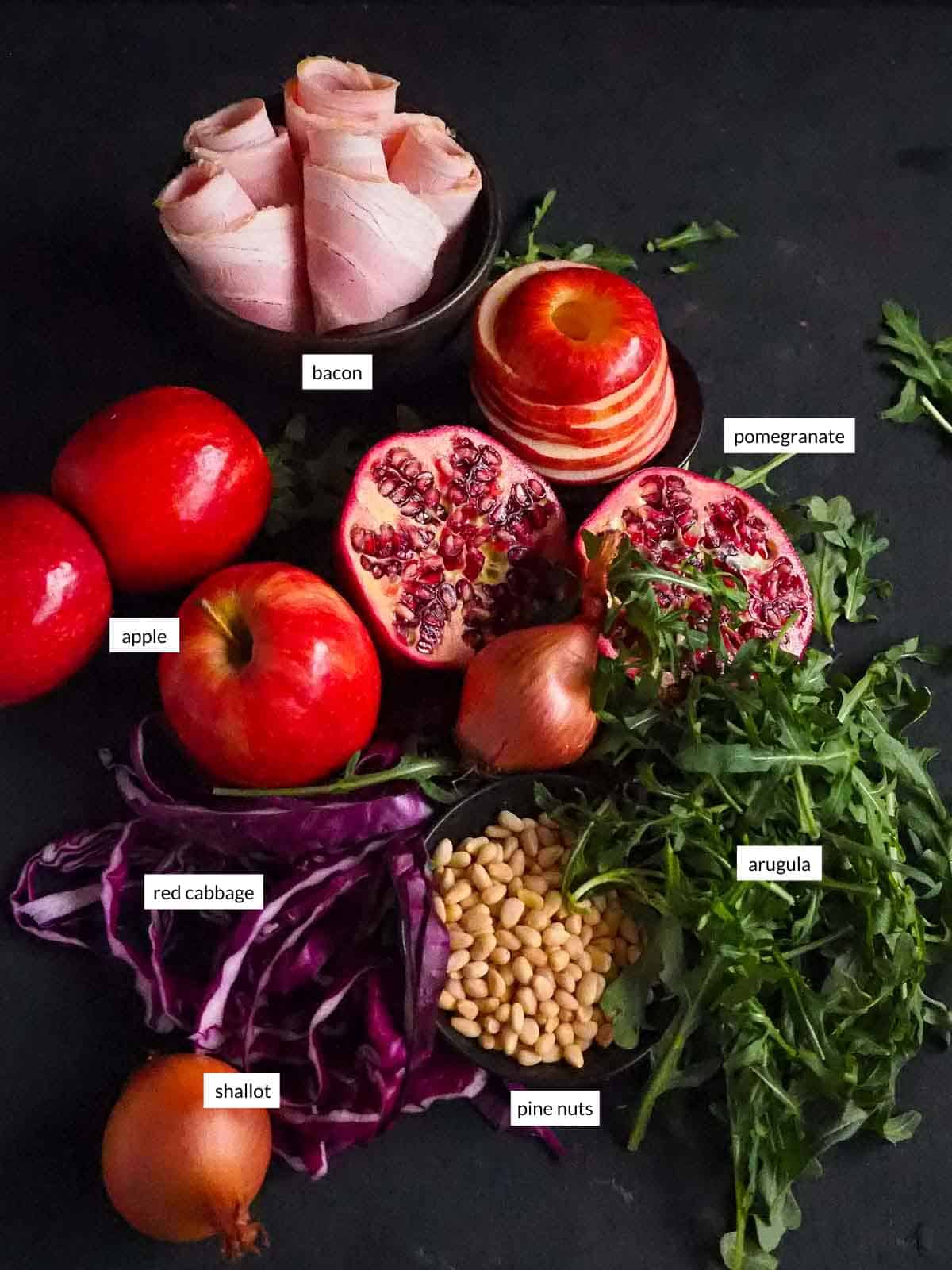 Individually labelled ingredients for Whole Baked Apple Arugula Salad