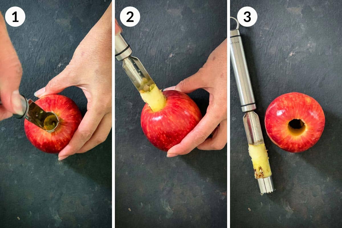 Collage of 3 photos for how to core an apple