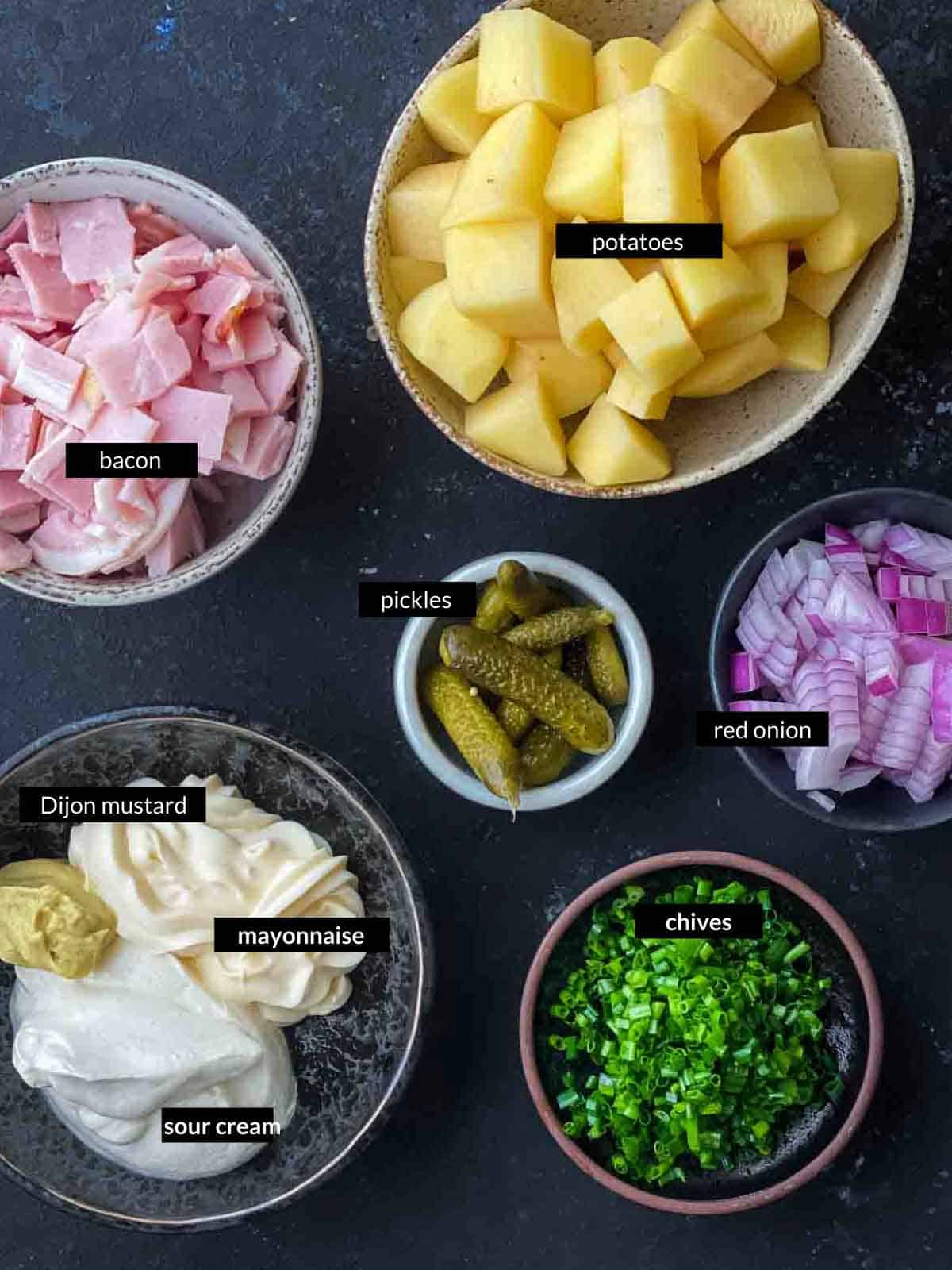 Individually labelled ingredients for Classic Potato Salad with Bacon