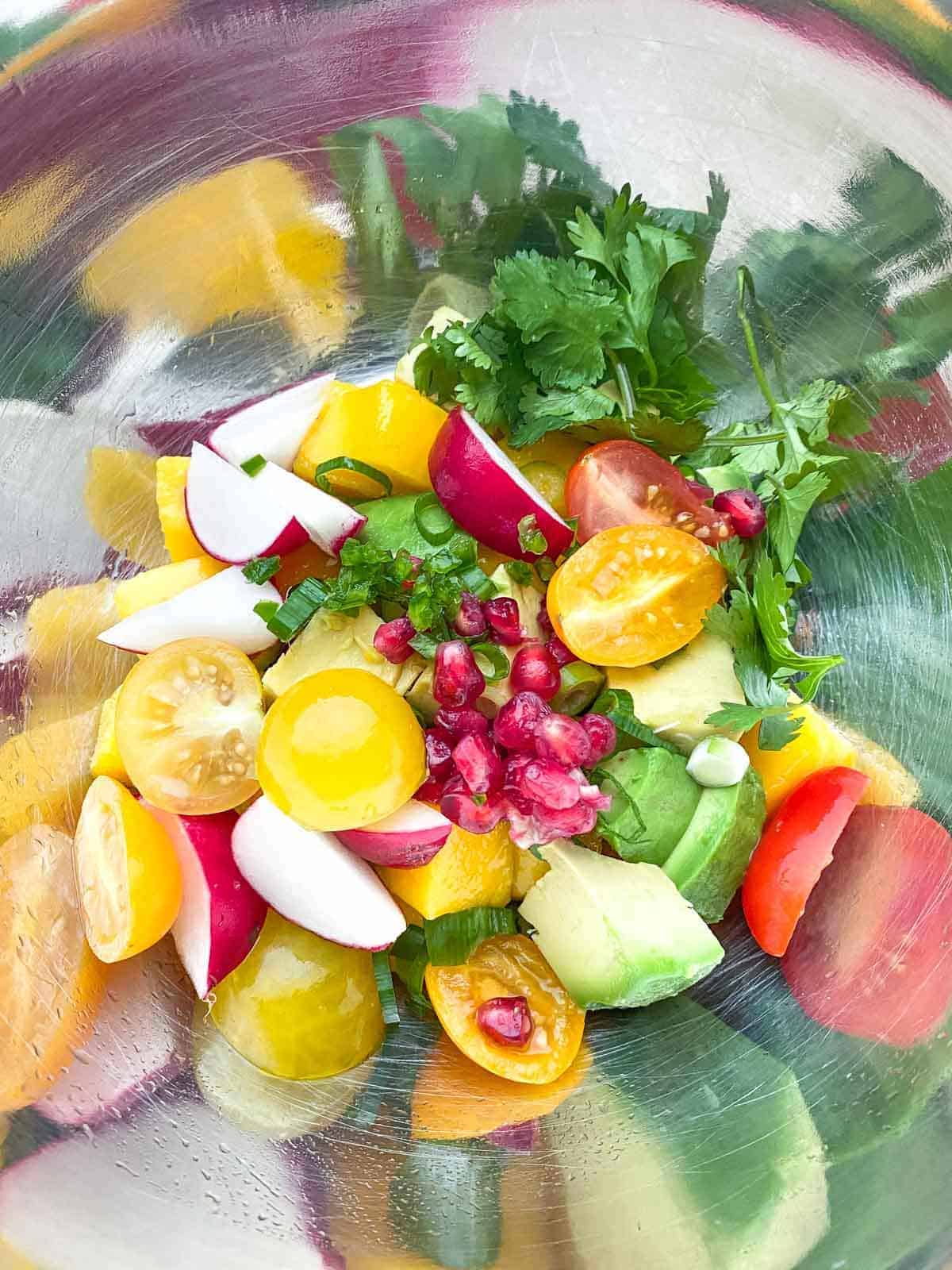 Spicy Mango Avocado Salsa in a stainless steel mixing bowl