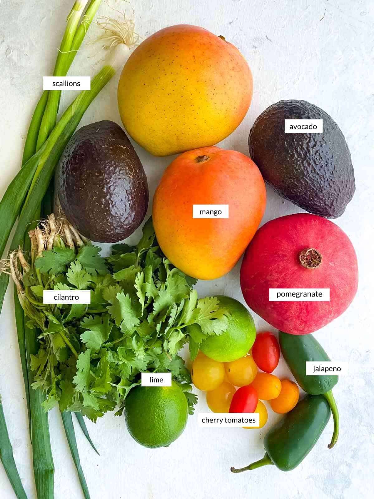 Individually labelled ingredients for Spicy Mango Avocado Salsa