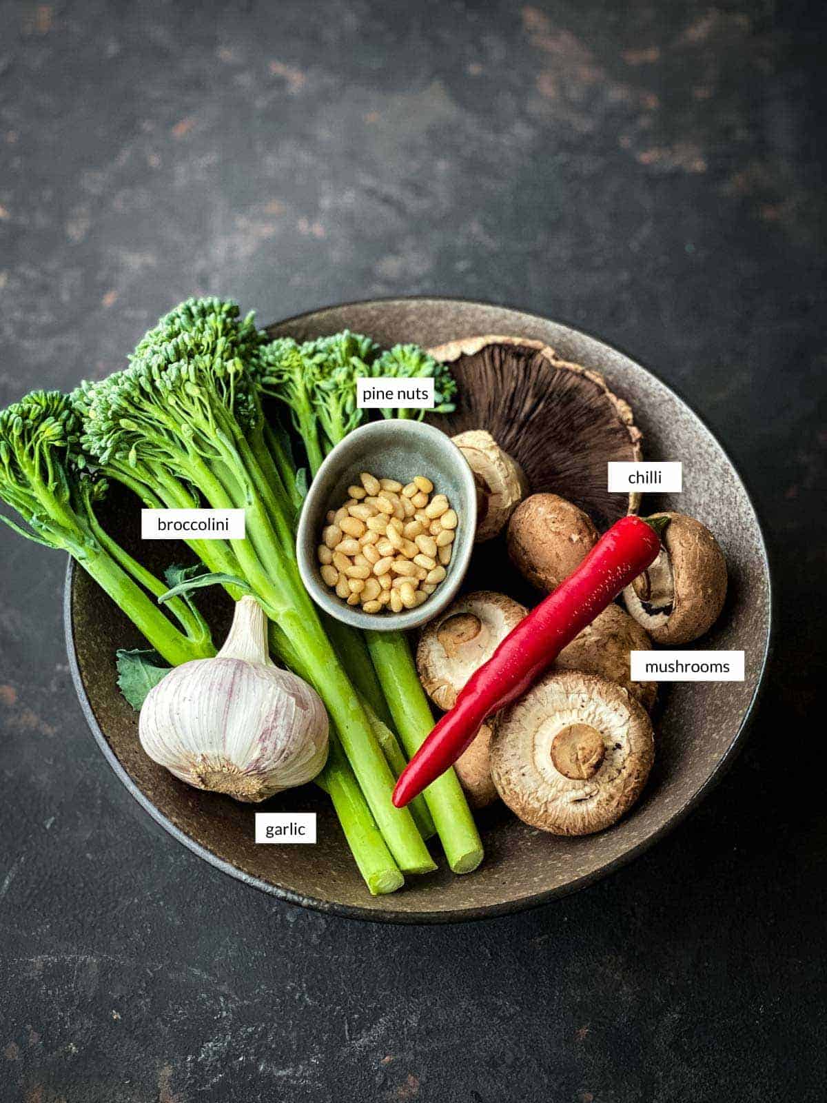 Individually labelled ingredients for Broccolini Salad with Mushrooms