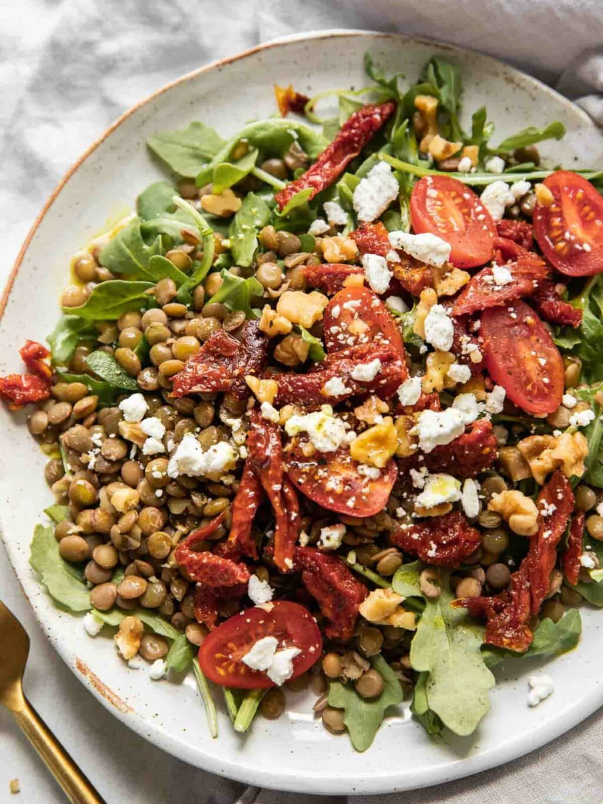 Sun dried tomato salad with lentil and arugula on a white plate