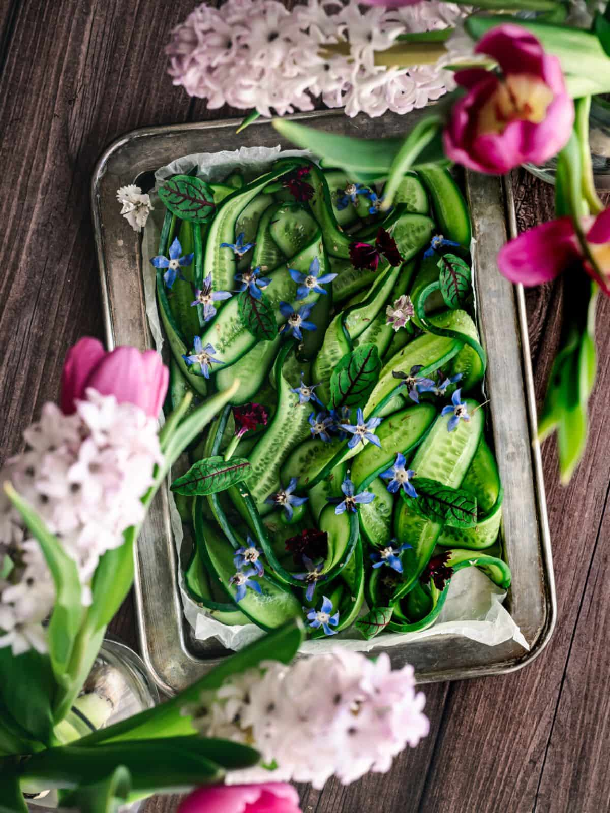 Cucumber ribbon borage salad with pink flowers