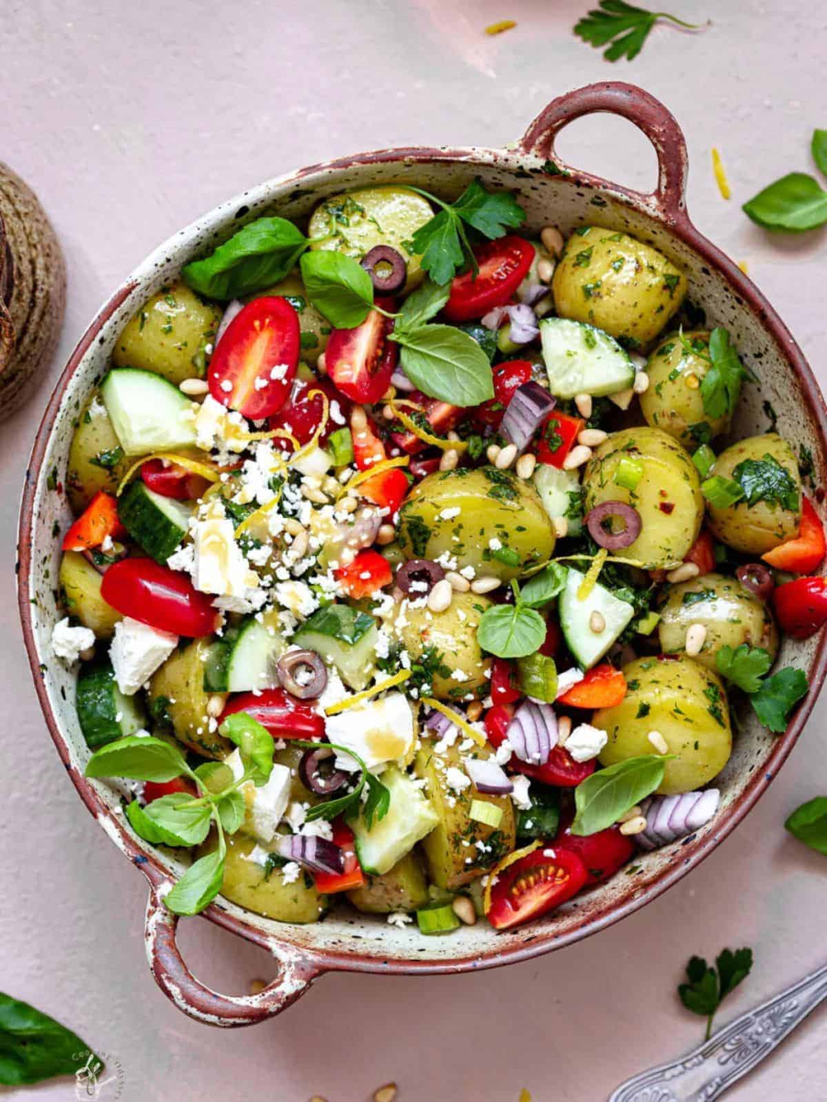 Instant pot potato salad in a cast iron pot