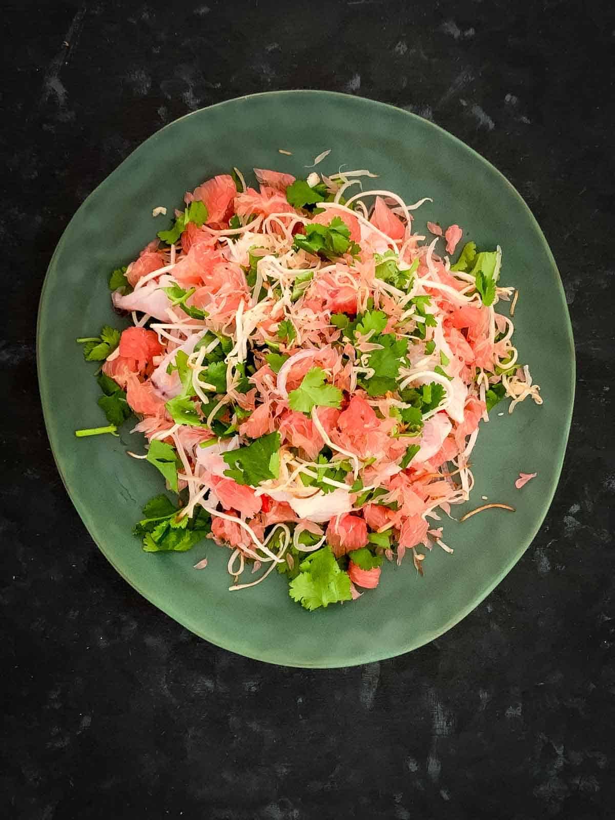 Red Snapper Ceviche with Pomelo on a green plate