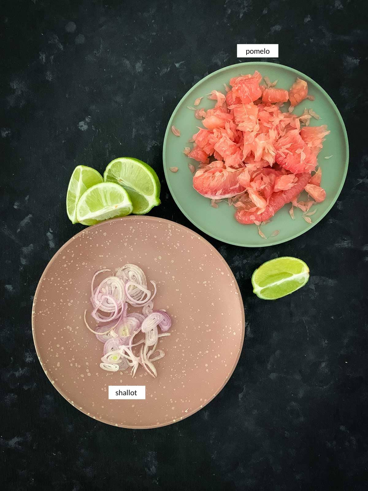 Individually labelled ingredients for Red Snapper Ceviche with Pomelo