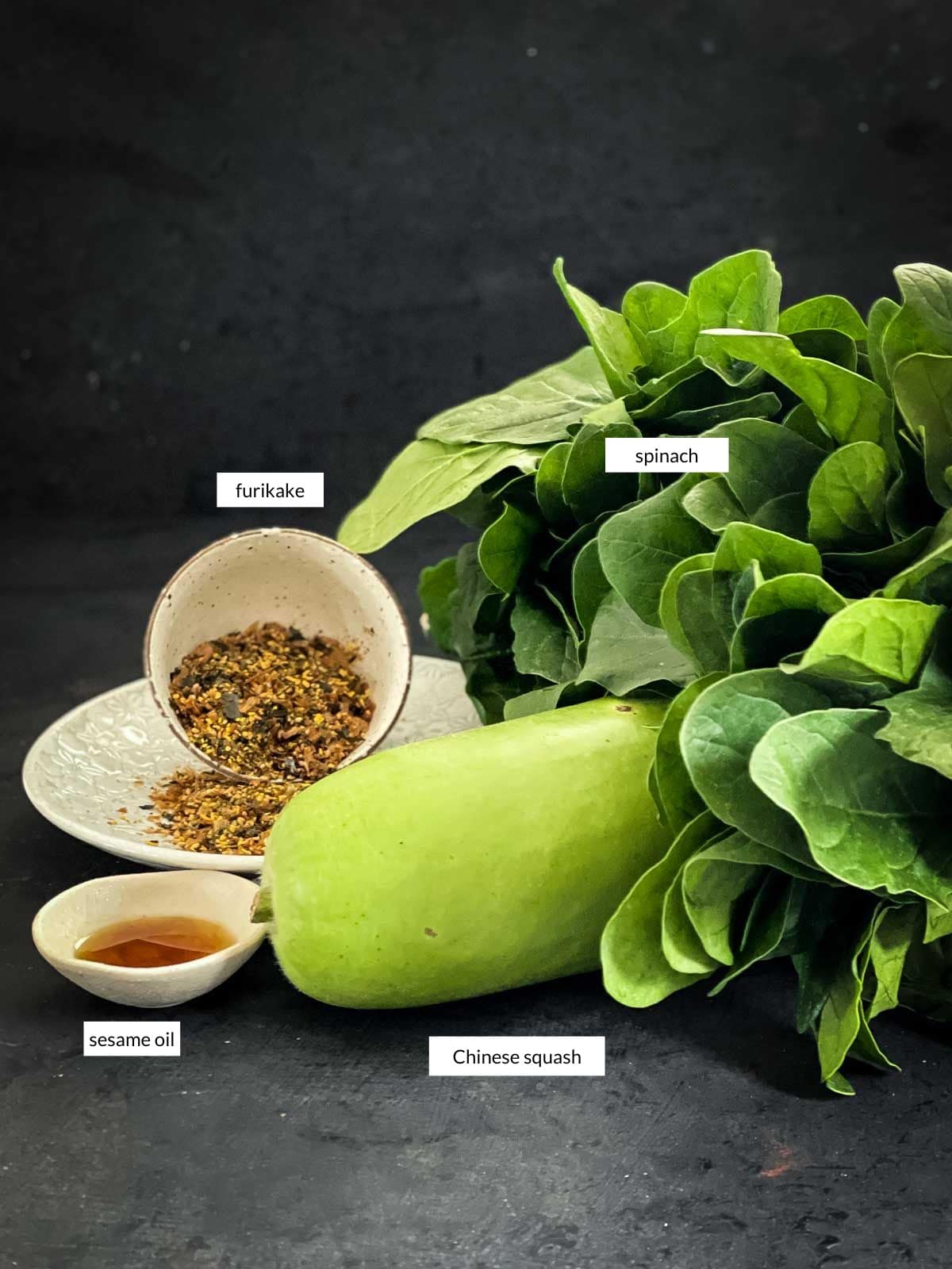 Individually labelled ingredients for Chinese Squash and Spinach Rolls