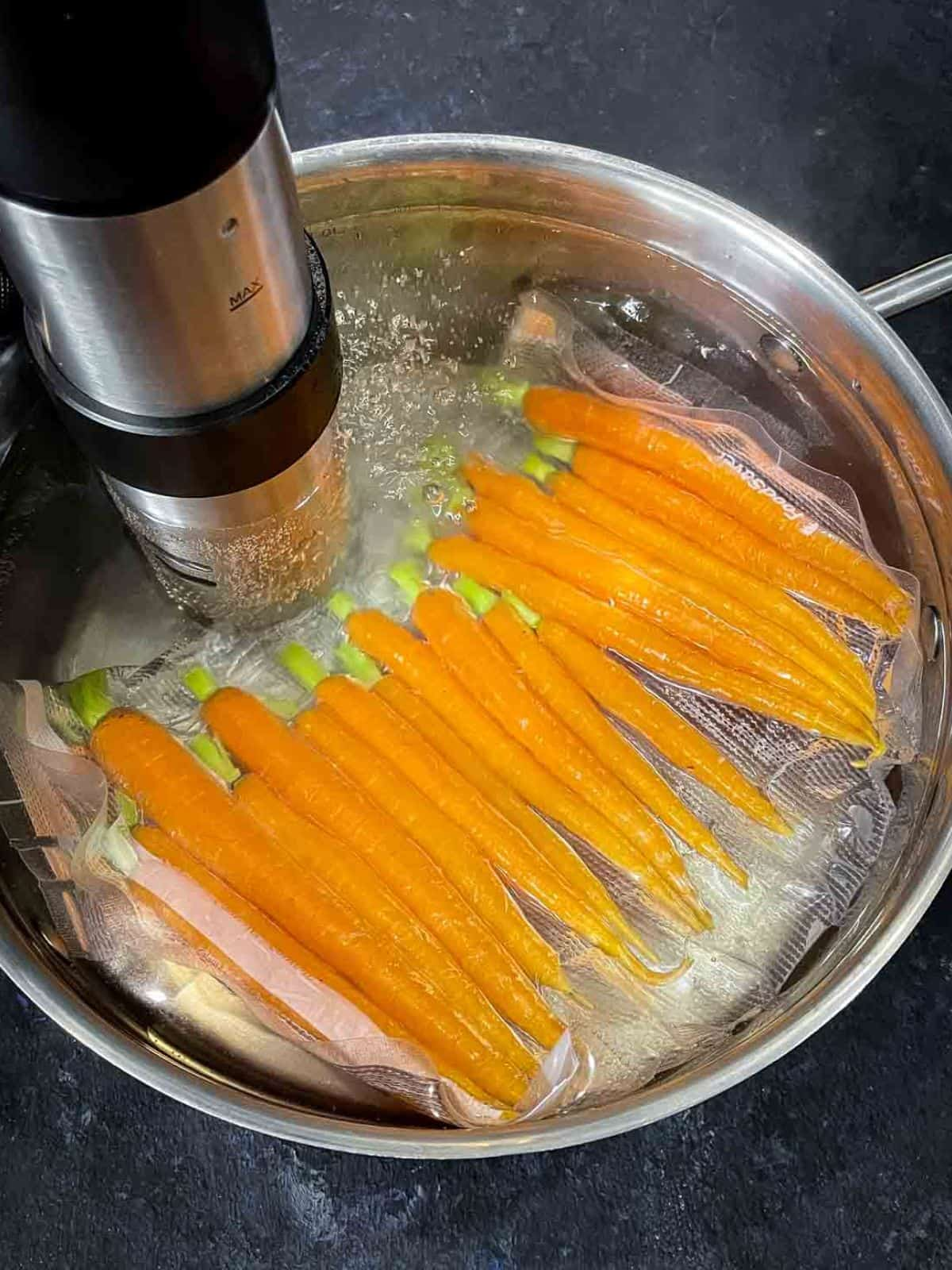 sous vide carrots sealed in vacuum bag with immersion cooker in a pot