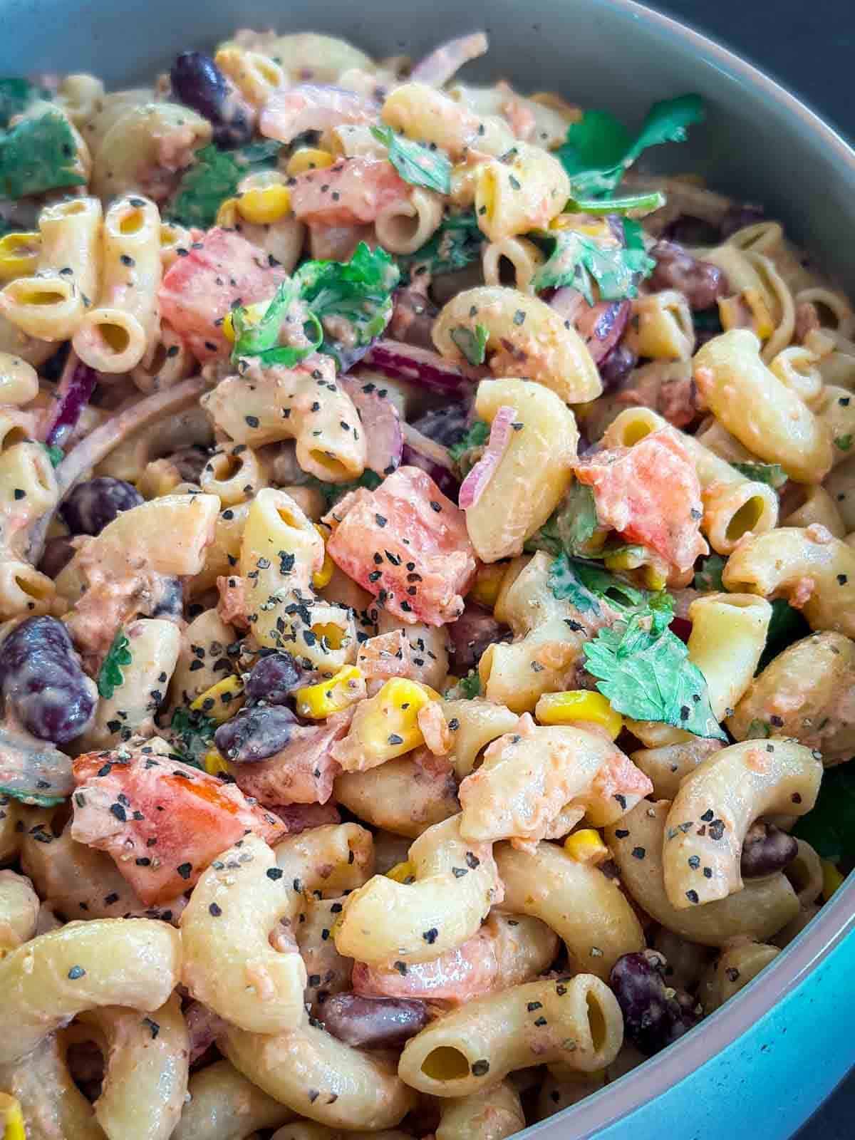 Mexican Macaroni Salad [Ensalada de Coditos] in a grey salad bowl