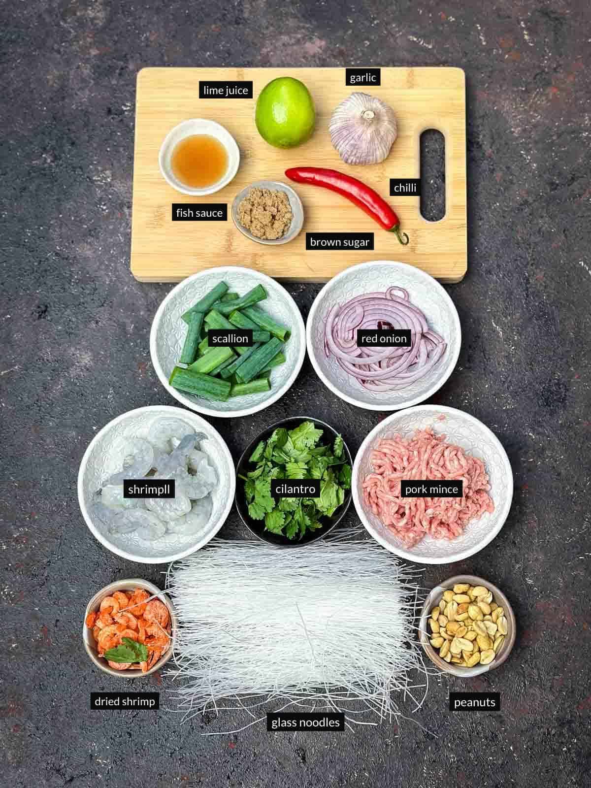 Individually labelled ingredients for yum woon sen recipe