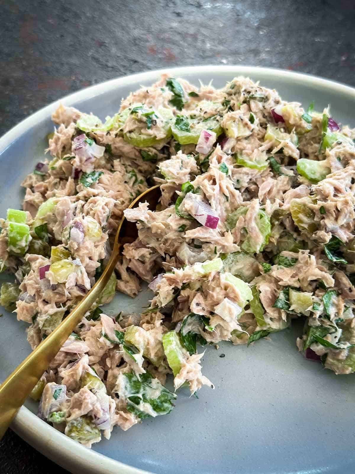 Healthy tuna salad on a blue plate with a gold spoon