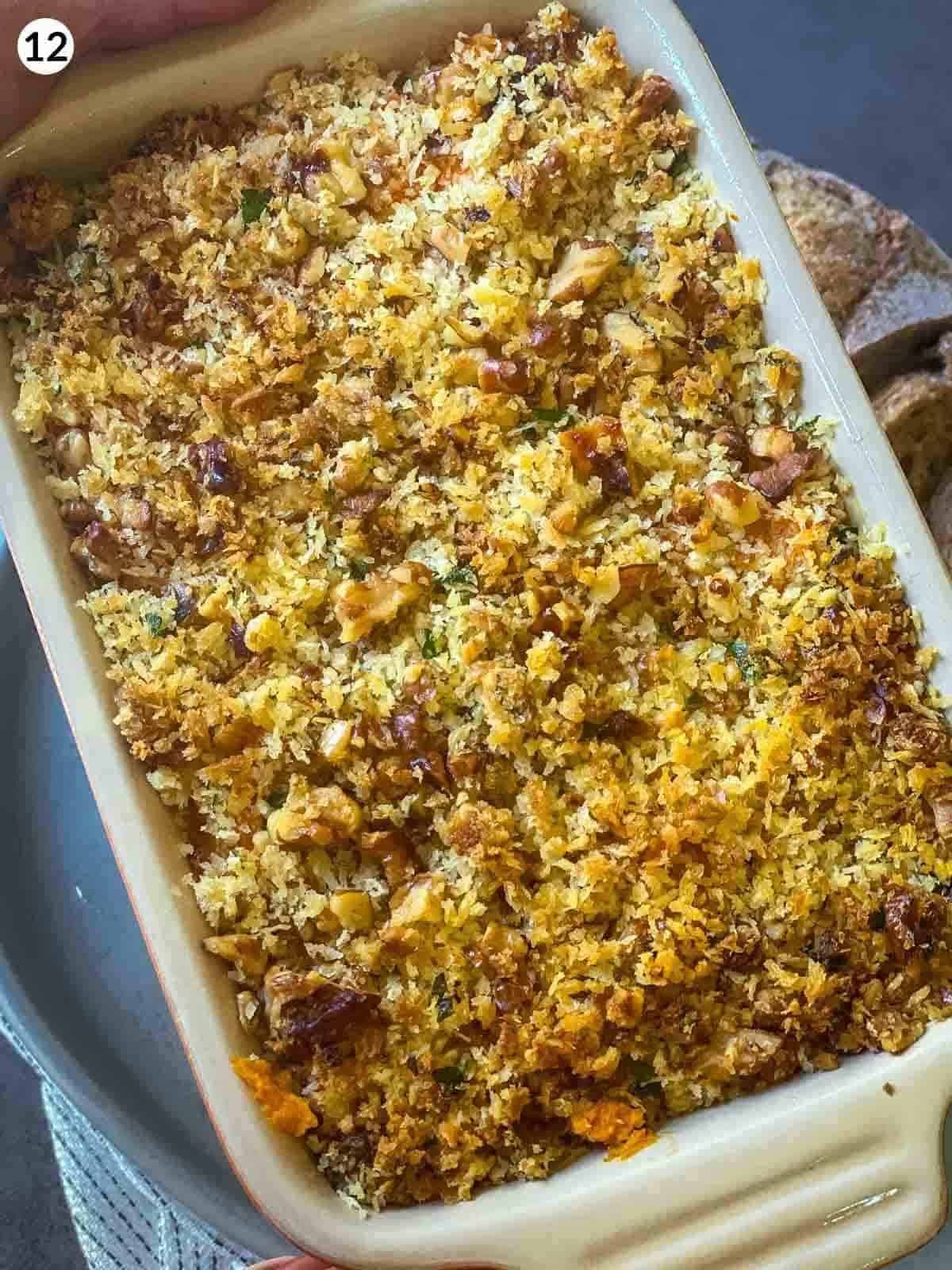 Savoury Sweet Potato Casserole in a ceramic baking dish