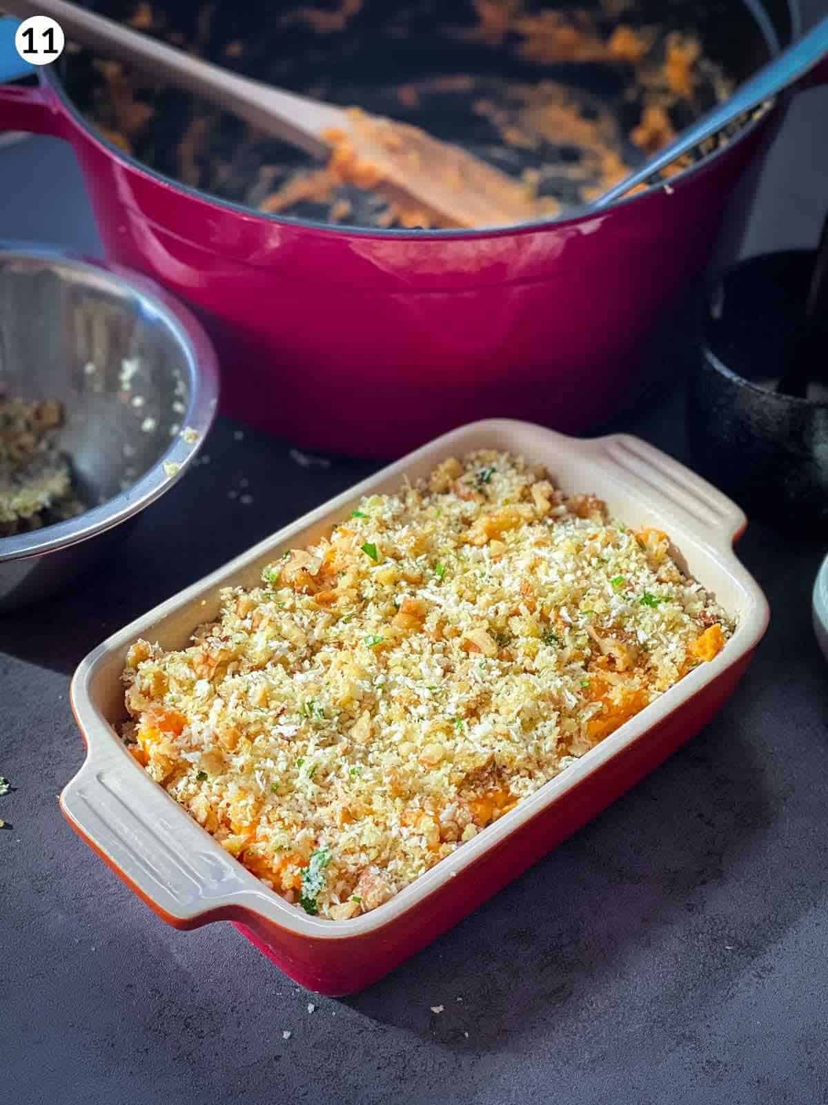 Savoury Sweet Potato Casserole in a ceramic baking dish