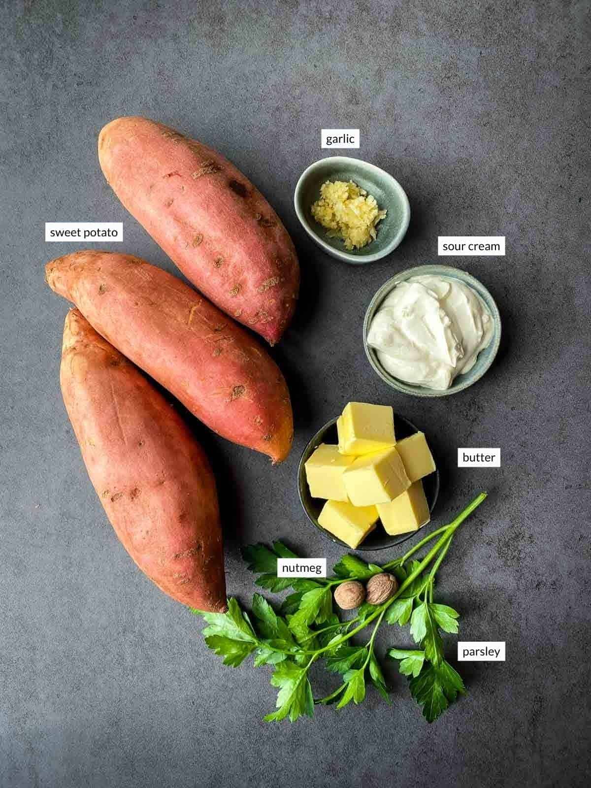 Individually labelled ingredients for mashed sweet potato