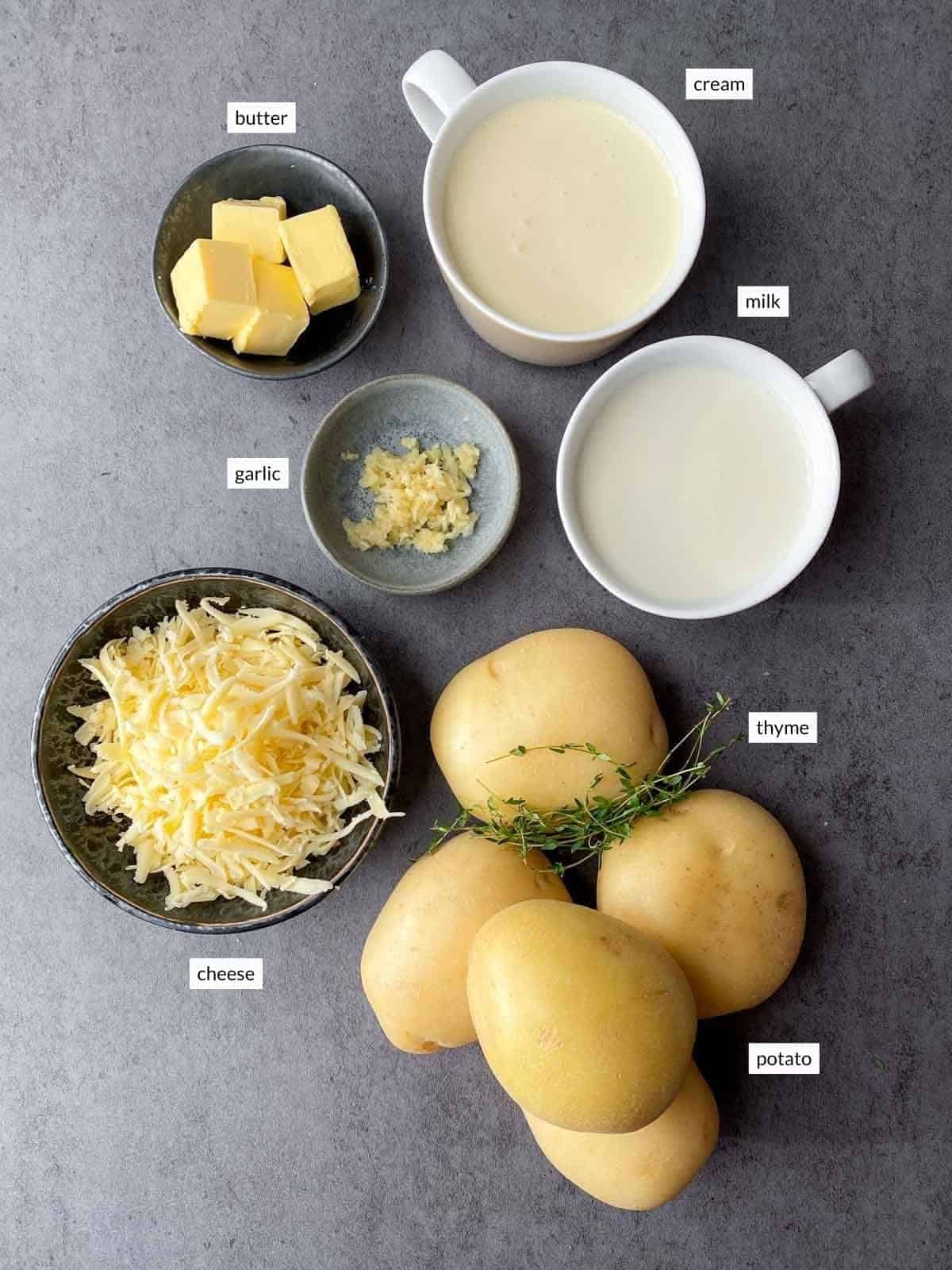 Individually labelled ingredients for Creamy Potatoes au Gratin