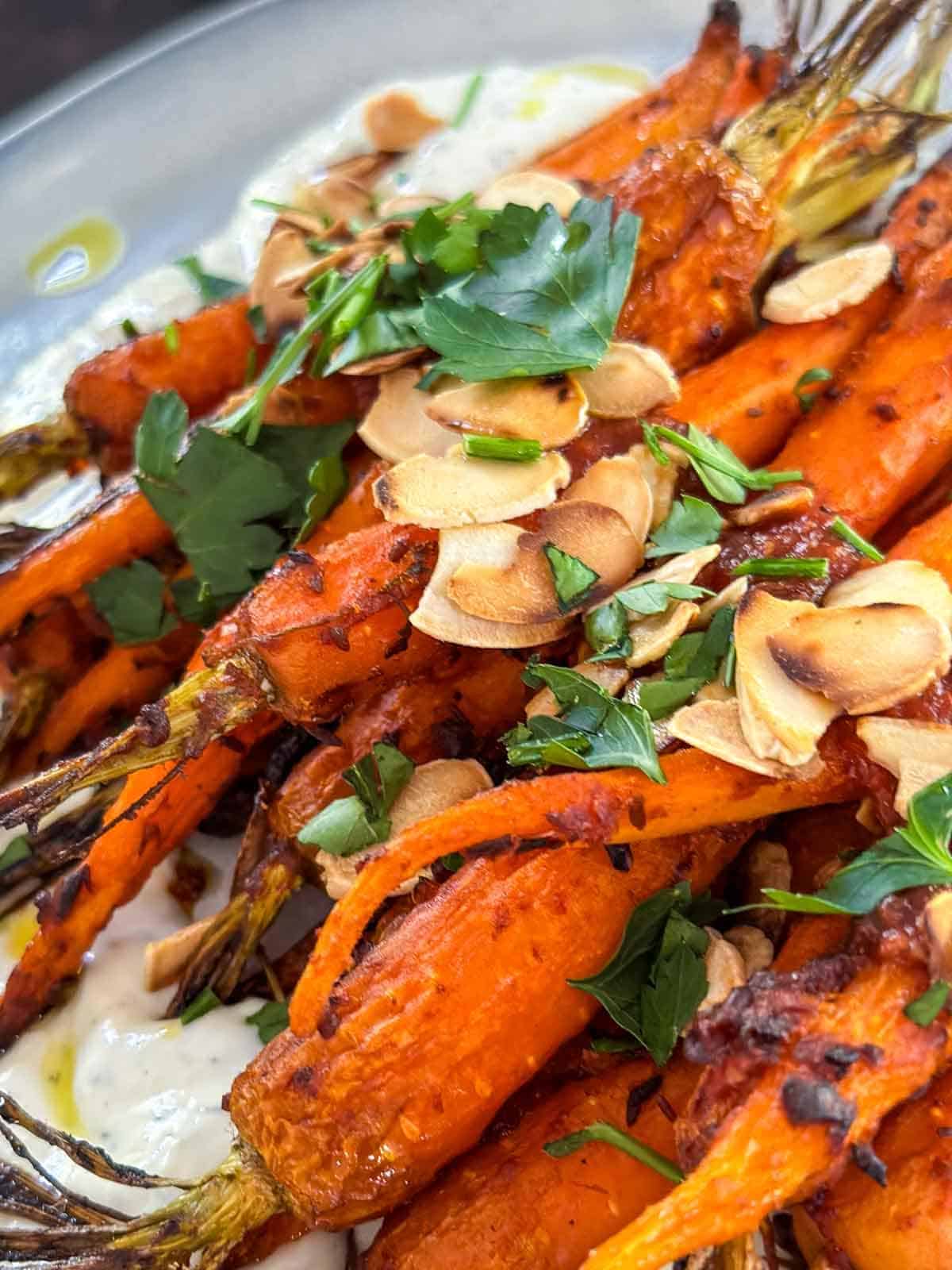 Harissa Carrots with Tzatziki on a grey plate