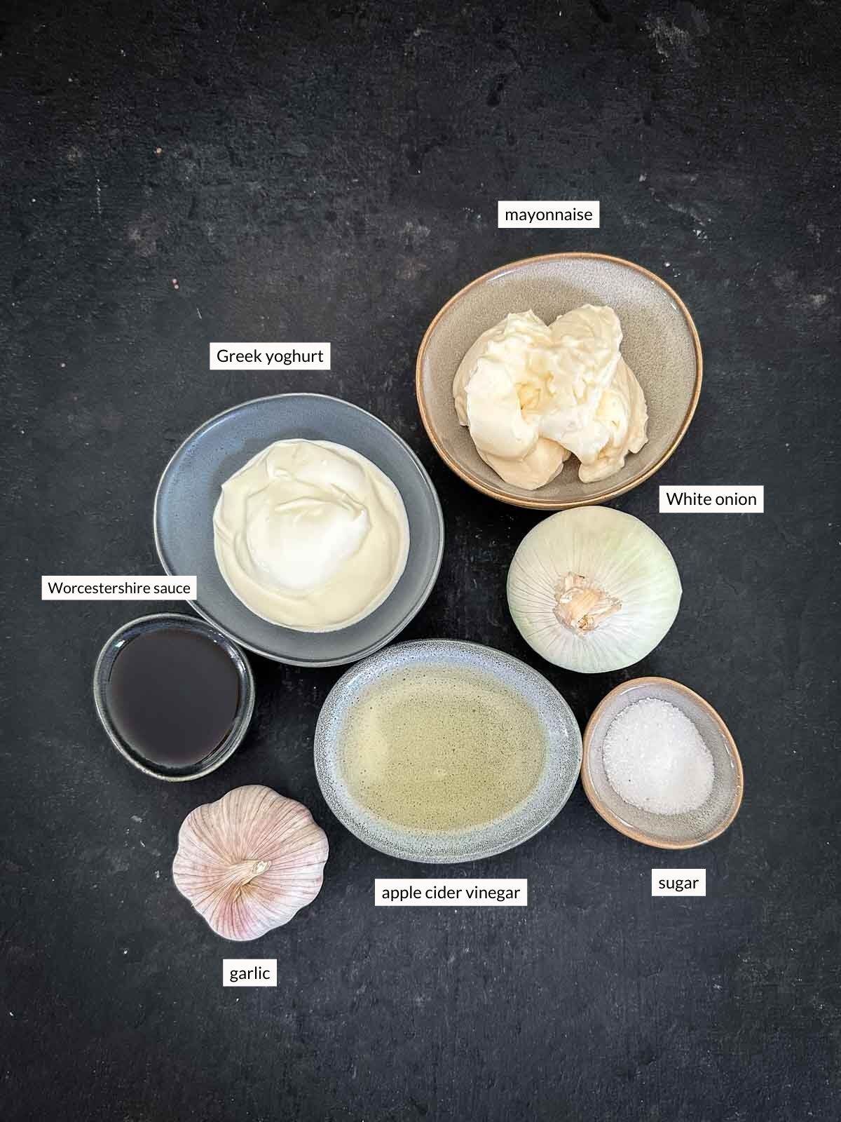 Individually labelled ingredients for creamy garlic dressing