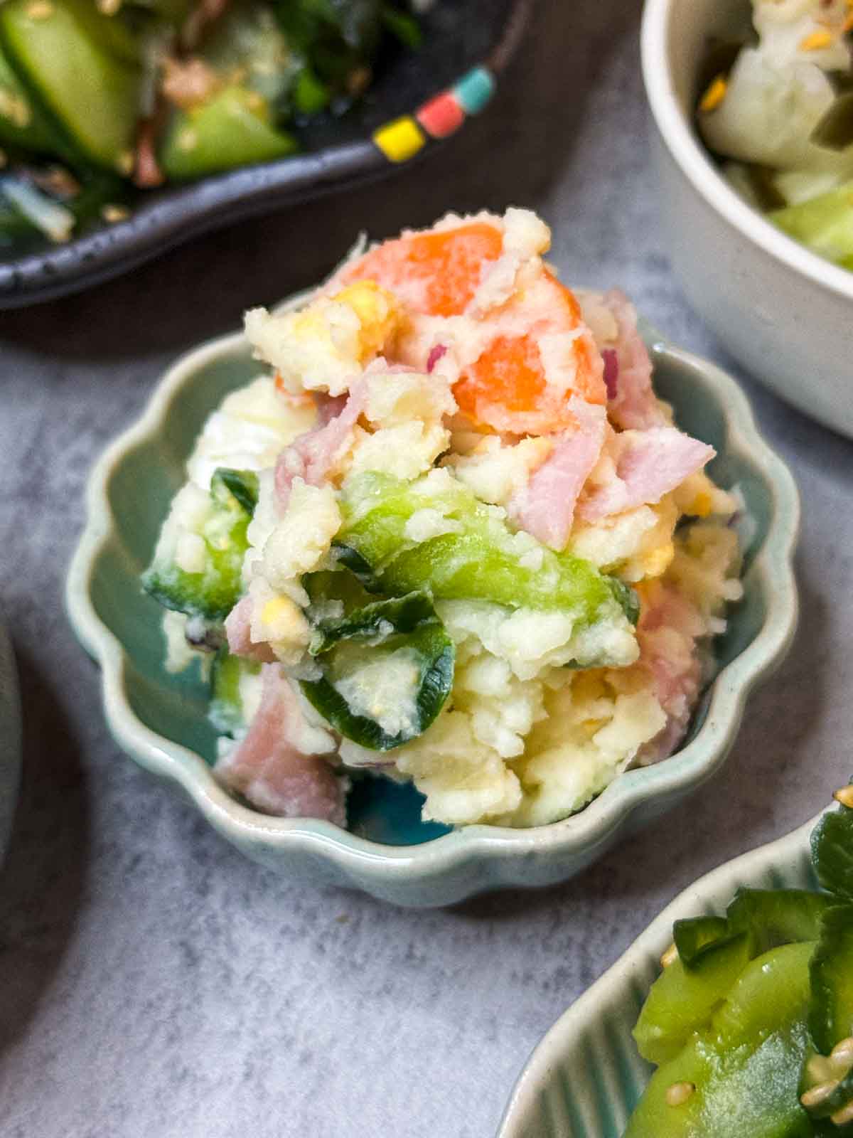 Japanese Potato Salad in a scalloped shaped bowl