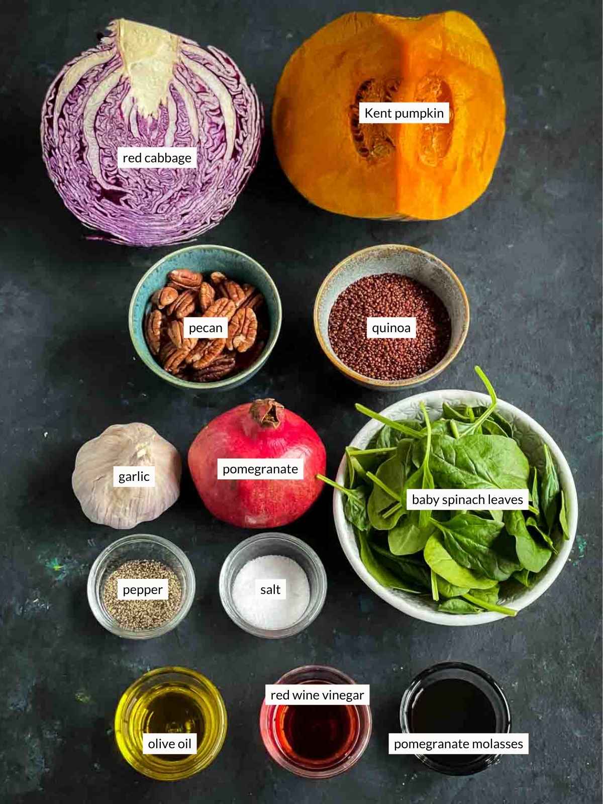 Individually labelled ingredients for Quinoa Pumpkin Salad